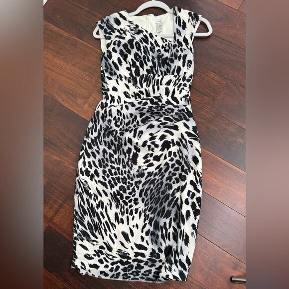 Cache Black White Leopard Print Dress with Asymmetrical Neckline Size 0 - Picture 5 of 8